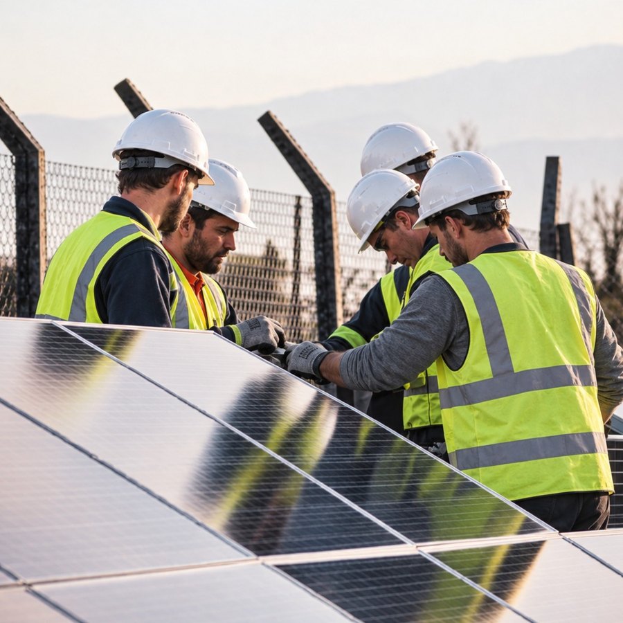 Equipo de Grupo Alade con casco, chaleco y guantes trabajando en un parque solar